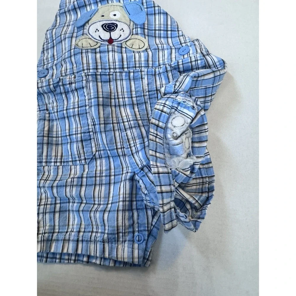 Vintage B.T. Kids Boys Plaid Blue Overalls Puppy Size 18‎ Months